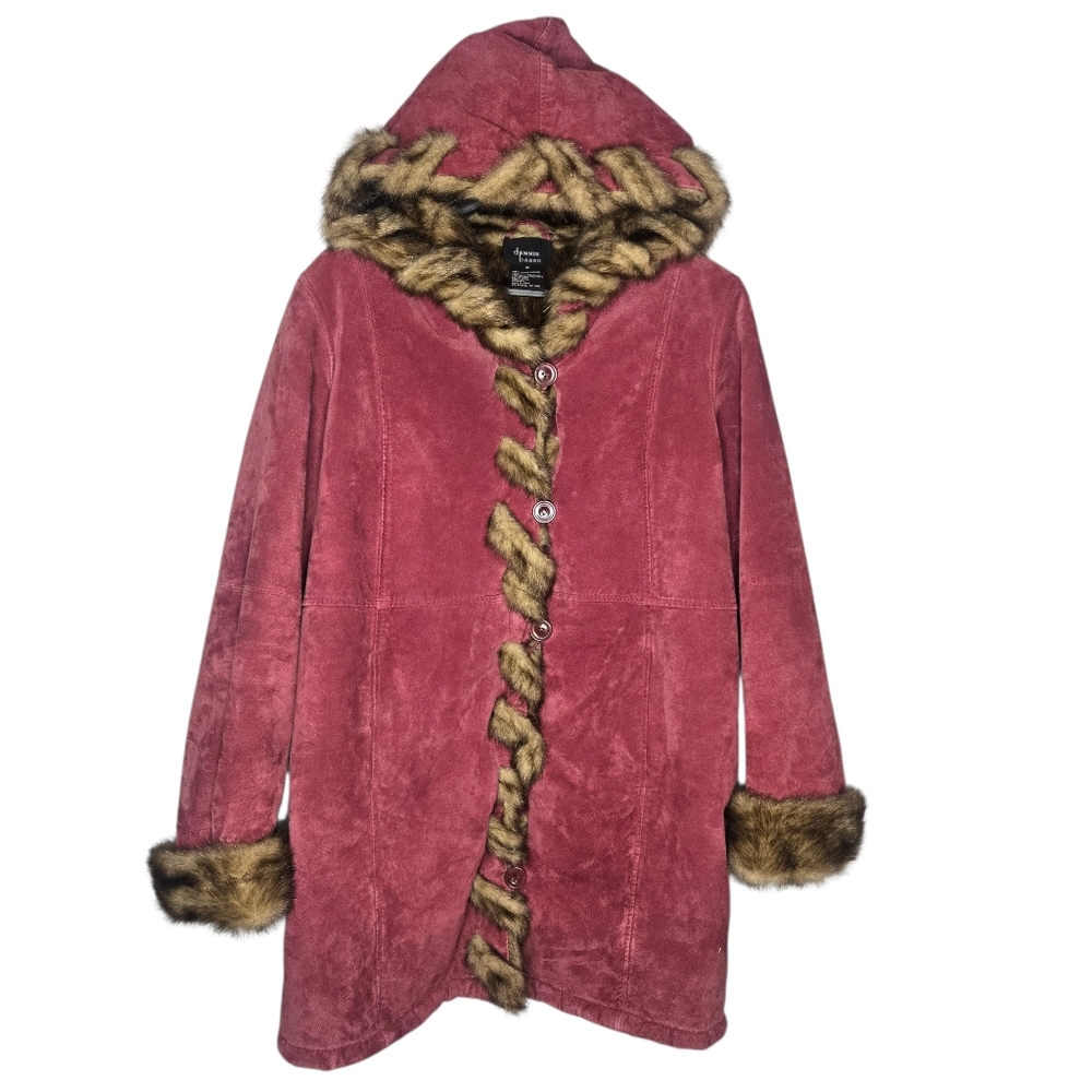 Vtg Dennis Basso Suede Coat Faux Fur Trim Penny‎ Lane Raspberry Pink Red Medium